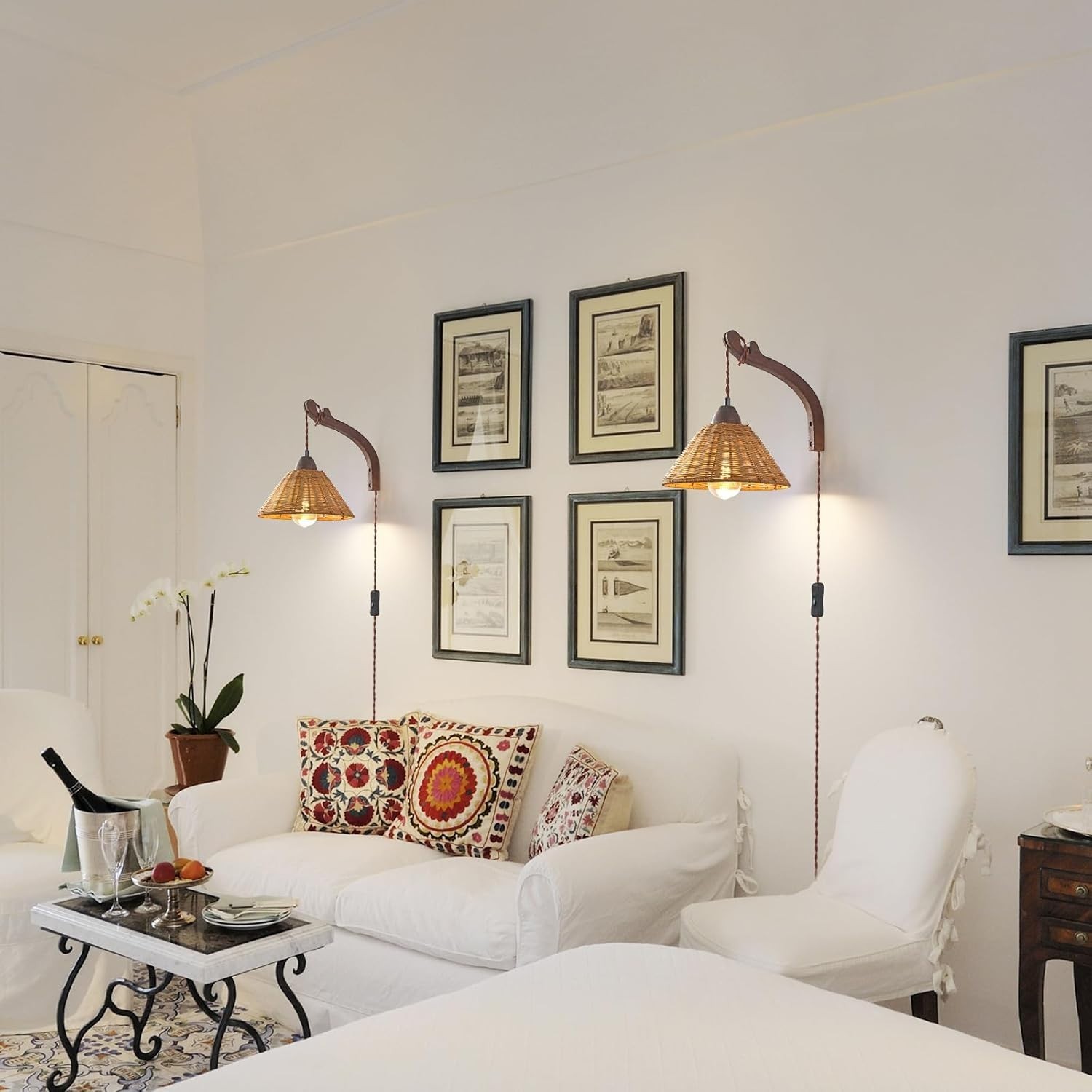 Plug in Wall Sconce with Rattan Shade – Dark Wood & Natural Boho Wall Lamp