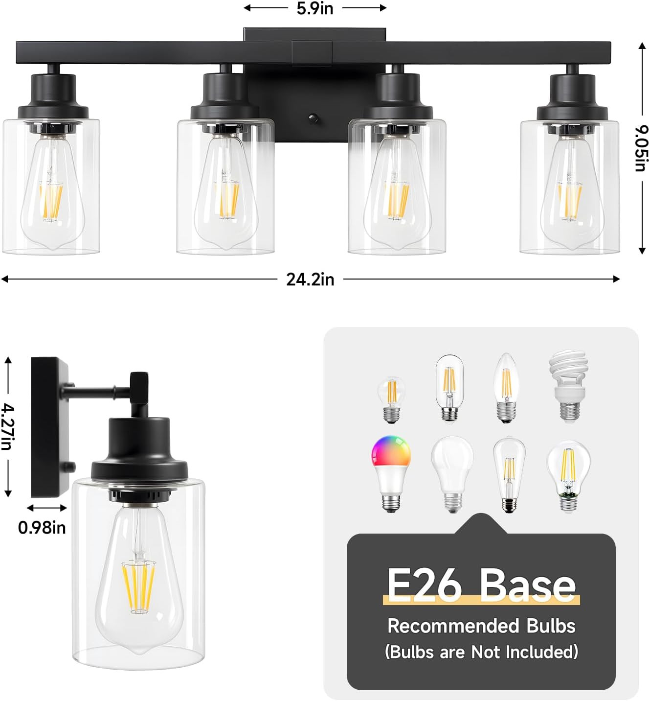 Matte Black 4-Light Vanity Light with Clear Glass Shade for Bathroom