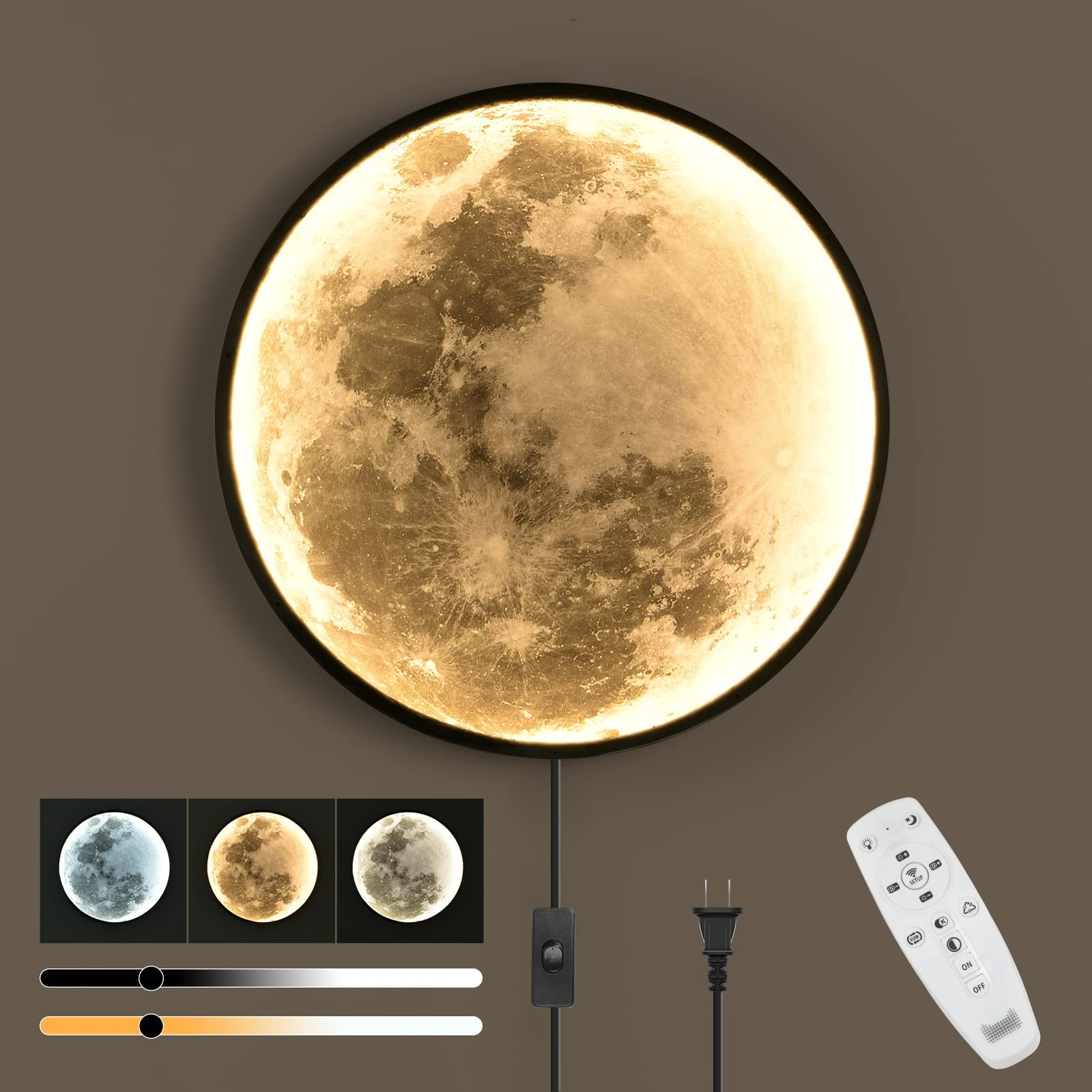 QIYIMEILUX Dimmable Moon Wall Sconce Plug in Modern LED Wall Light with Remot…