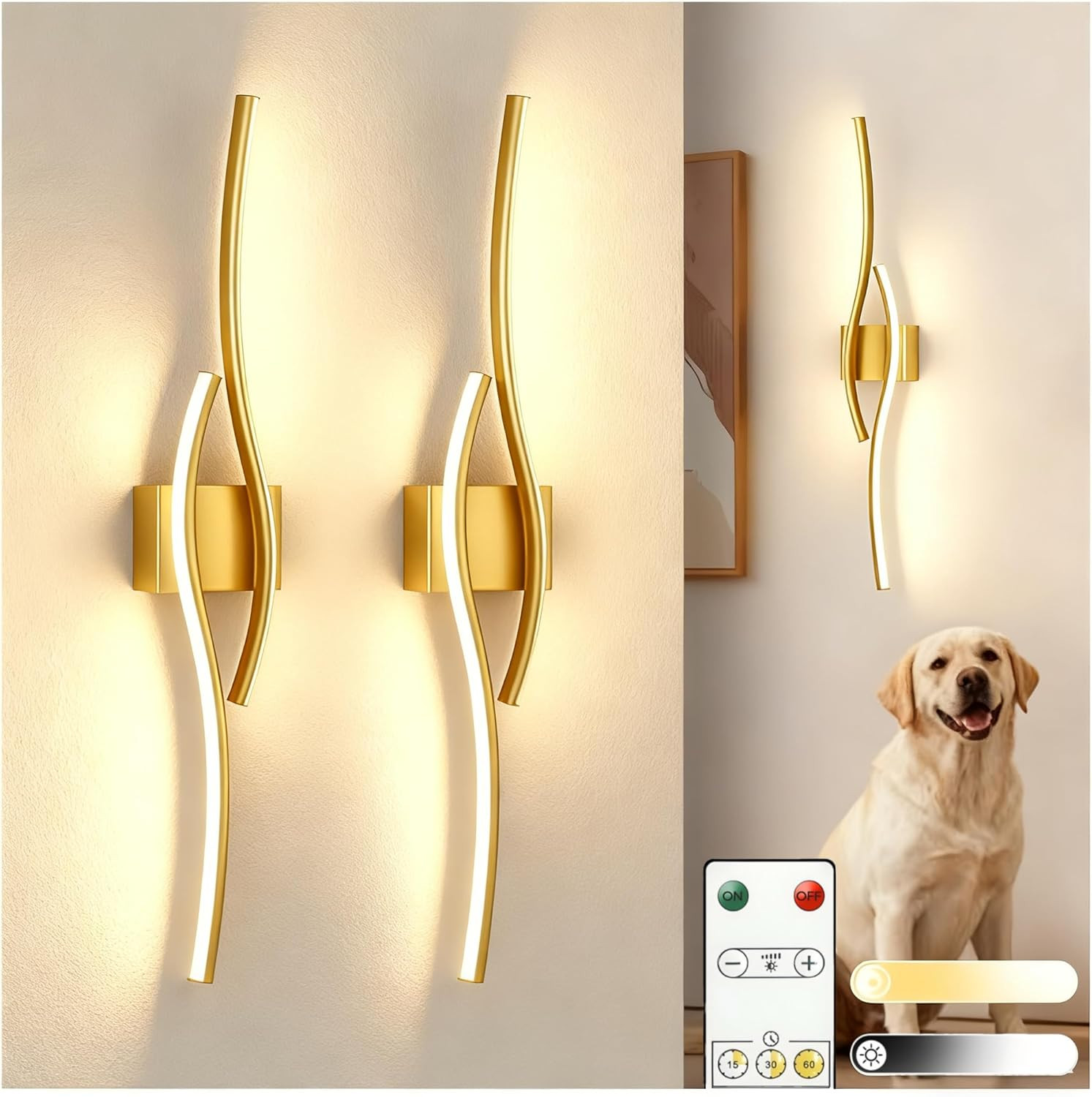 Rechargeable Wireless Wall Sconces Set of 2, Dimmable Gold Lights with Remote