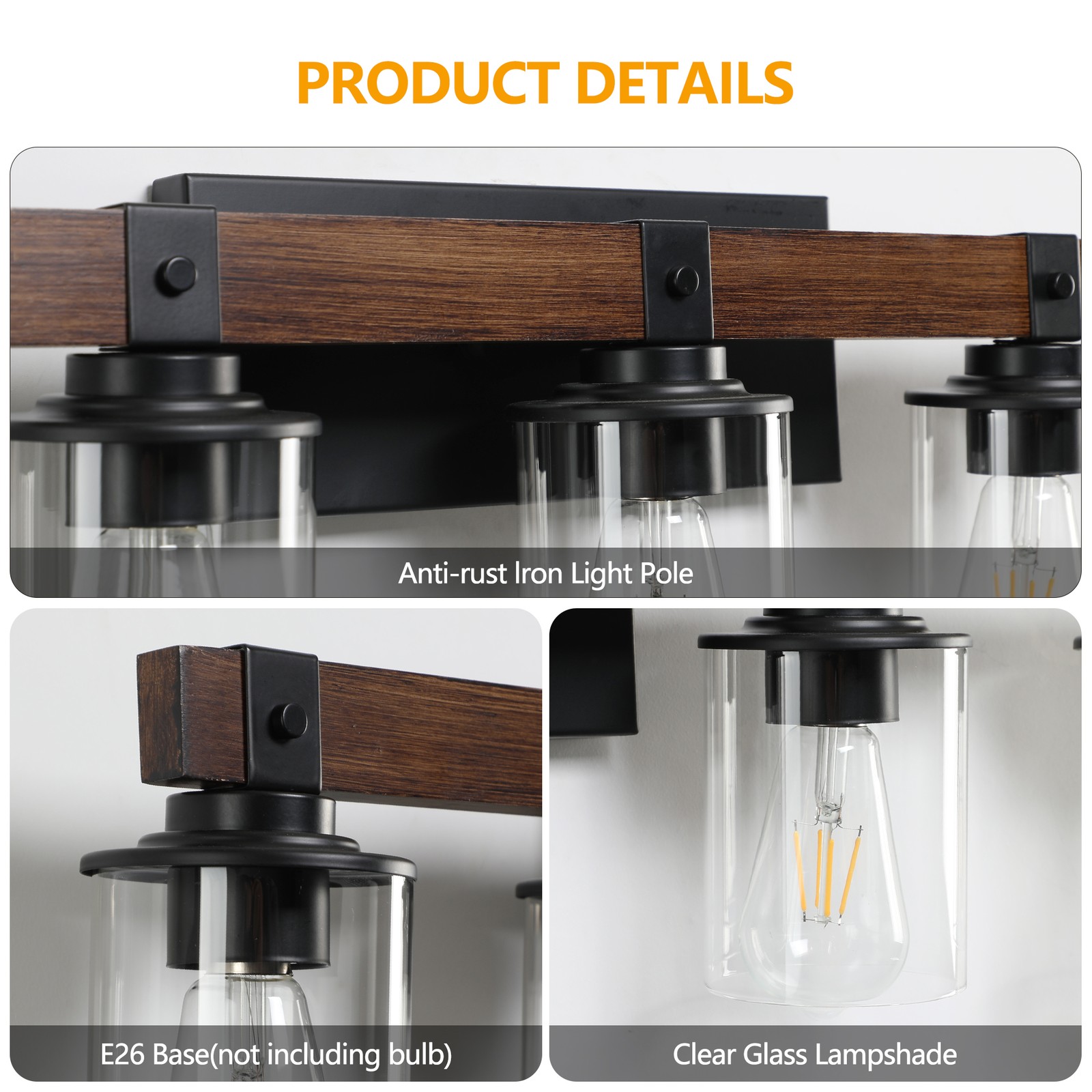 35 In Wall Sconce Wood Vanity Light LED Farmhouse Bathroom 5 Lights Clear Glass