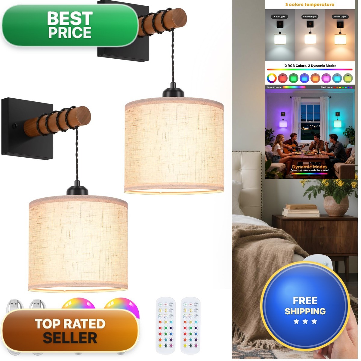 NookNova Battery Operated Wall Sconces Set of 2 8000mAh RGB 15 Colors Dimmable