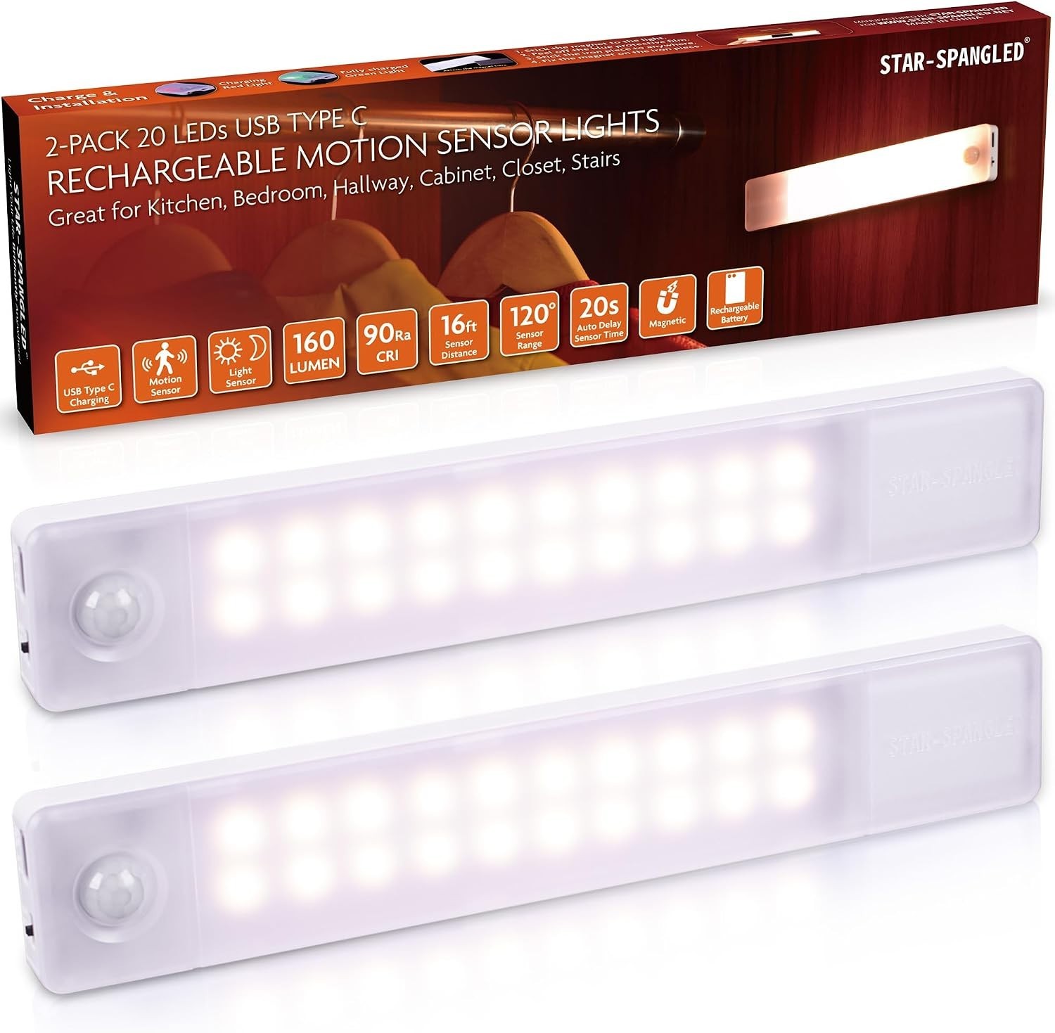 Elegant 8-Inch Rechargeable Motion Sensor Lights – USB Magnetic Stick-On, 2 Pack
