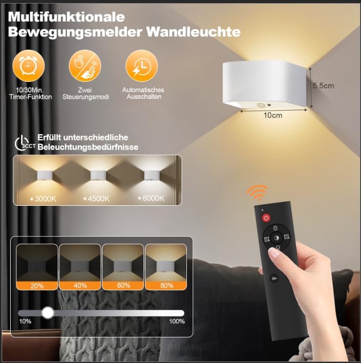 Motion Sensor Wall Light with Remote Control, 3-Color Temperature Adjustable,…