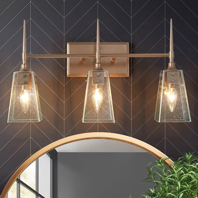 Uolfin 21.5″ Modern Brass 3-Light Bathroom Vanity Sconce with Seeded Glass