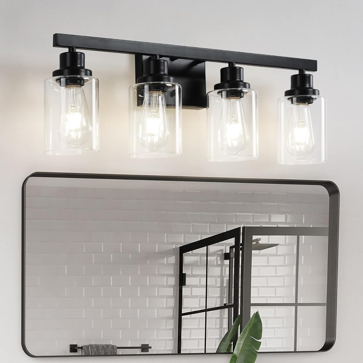 Matte Black 4-Light Vanity Light with Clear Glass Shade for Bathroom