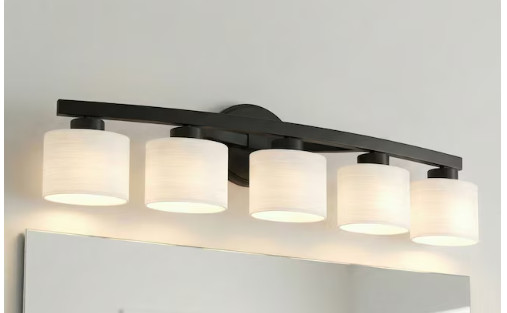 Allen + Roth 5-Light Bathroom Vanity Light Bar White Drum Shades 37.5″ Black