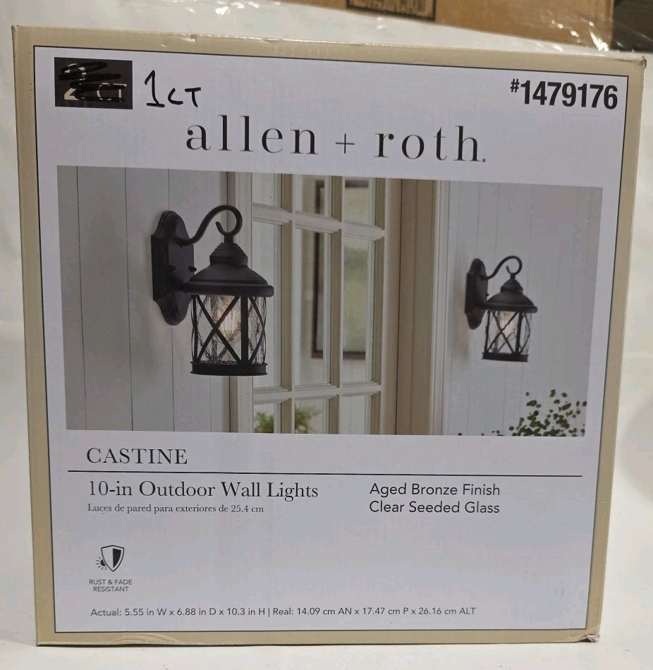 1 Pack – Allen and Roth Castine Wall Lantern Bronze Finish Clear Seeded Glass