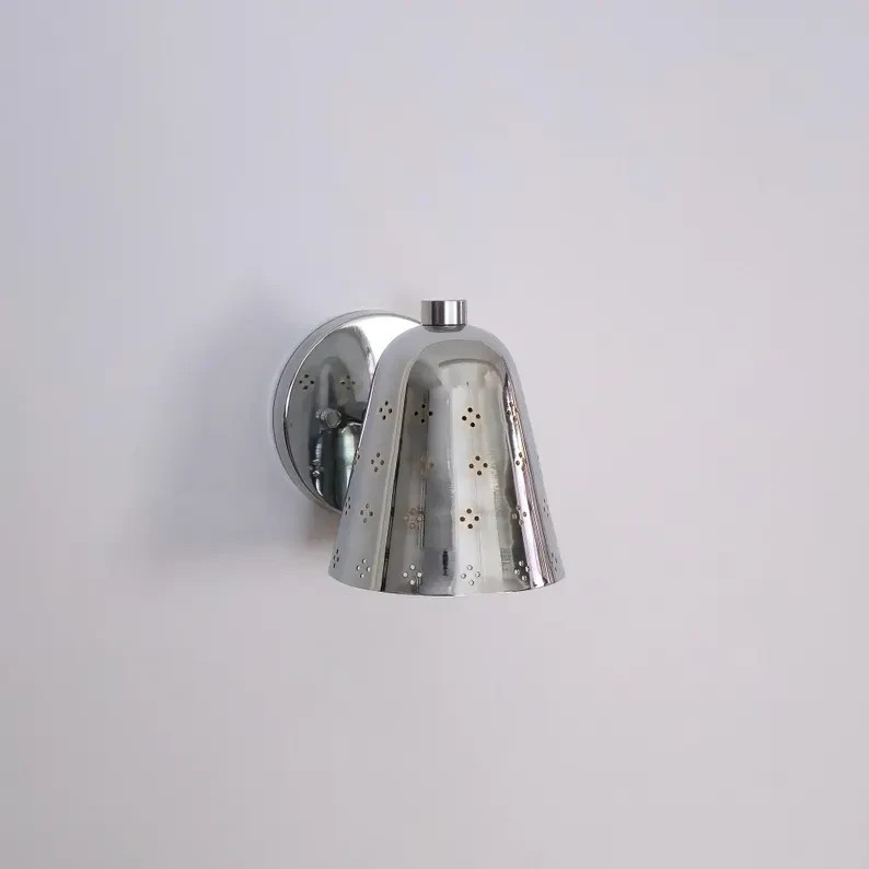 Silver Brass Wall Sconce, Mid Century Lamp Cone, Perforated Spotlight Fixture