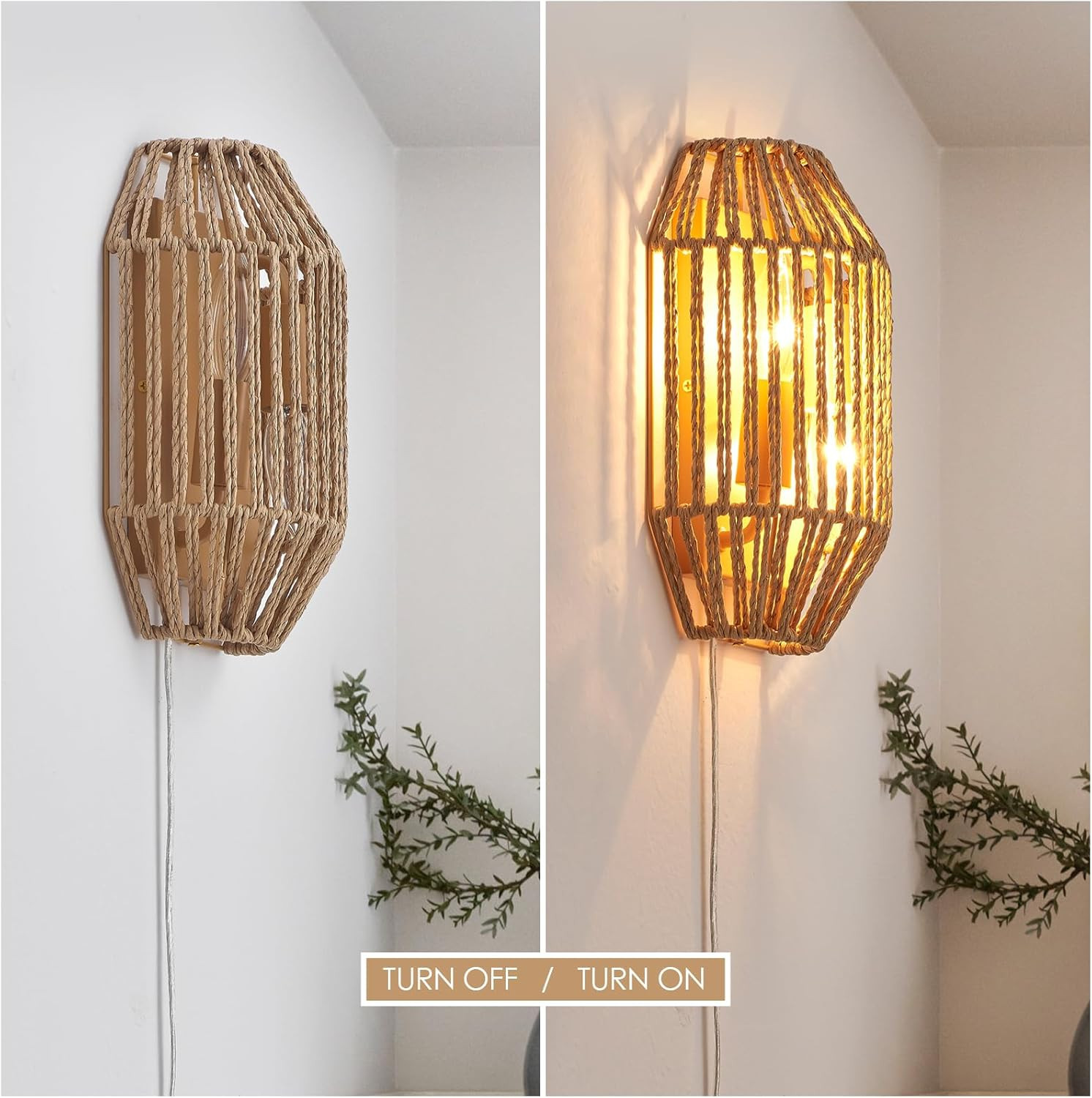 Natural Rattan Plug-In Wall Sconce Set of 2, with Boho Woven Wicker Shade Antiqu