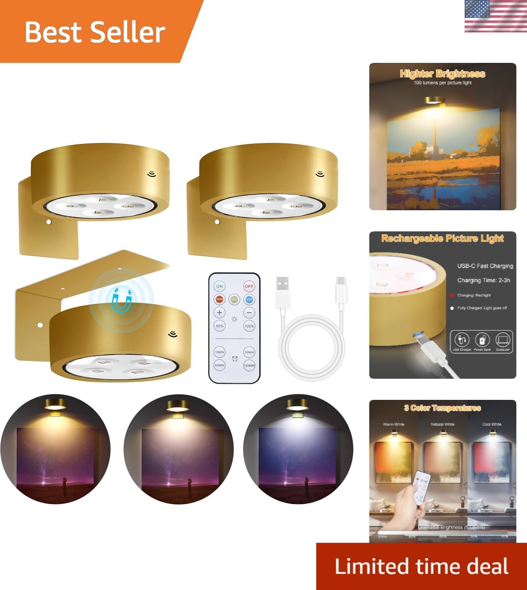 Magnetic Installation LED Picture Lights – 3-Pack Rechargeable & Timer-Enabled