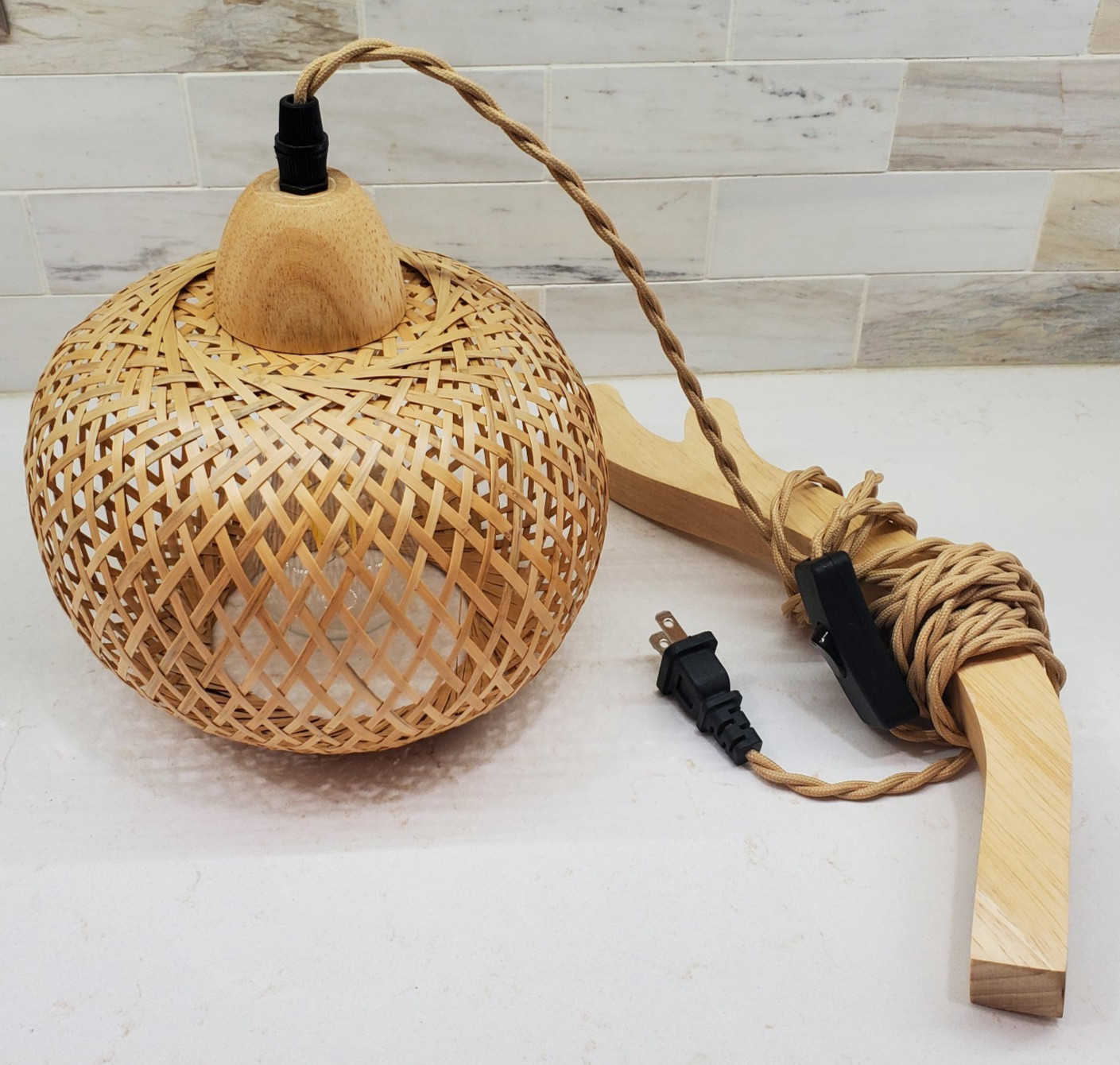 Bamboo Lantern Plug In Wall Sconce Wicker Hanging Lamp Corded Hang Light