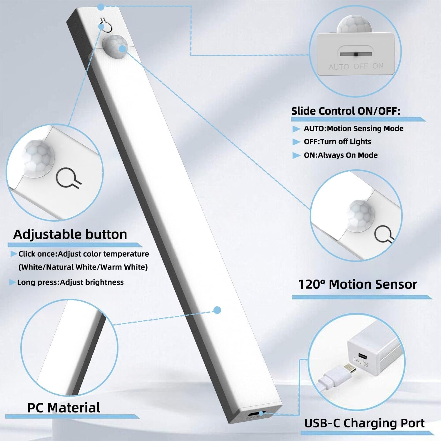 Dimmable Rechargeable LED Under Cabinet Lighting – 3-Pack, 8 Inch, Motion Sensor