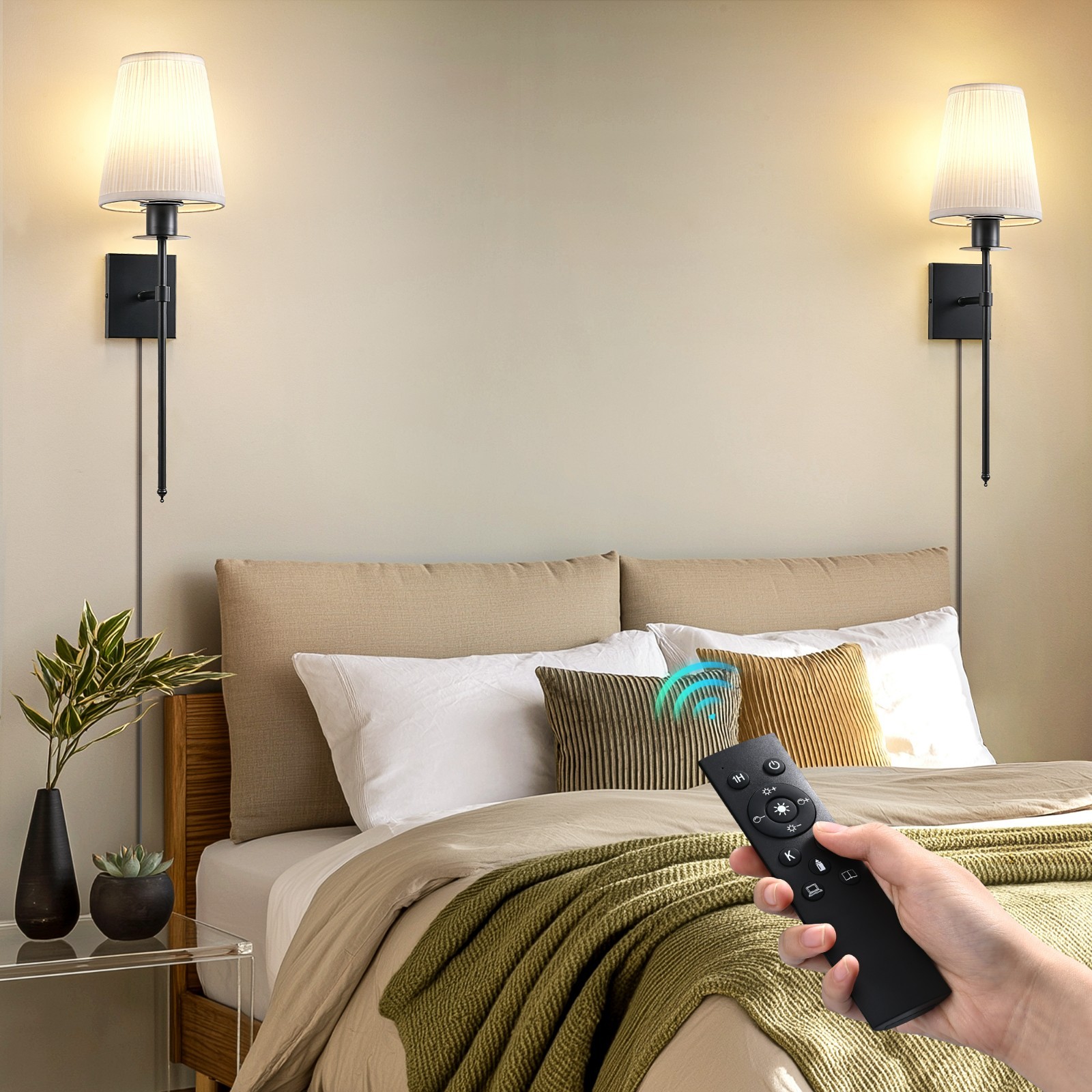 2-Light Dimmable Indoor Wall Sconces Iron Wallchiere W/ Remote Control Set of 2
