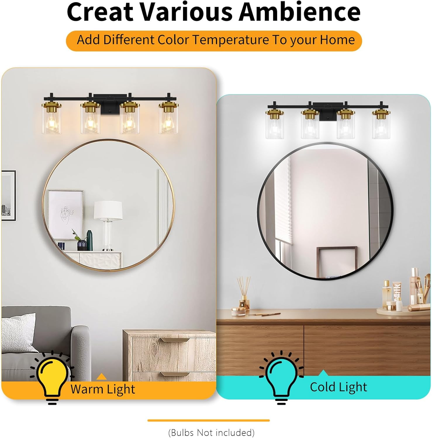 4-Lights Black and Gold Bathroom Vanity Light, Modern Bathroom Wall Sconces Ligh