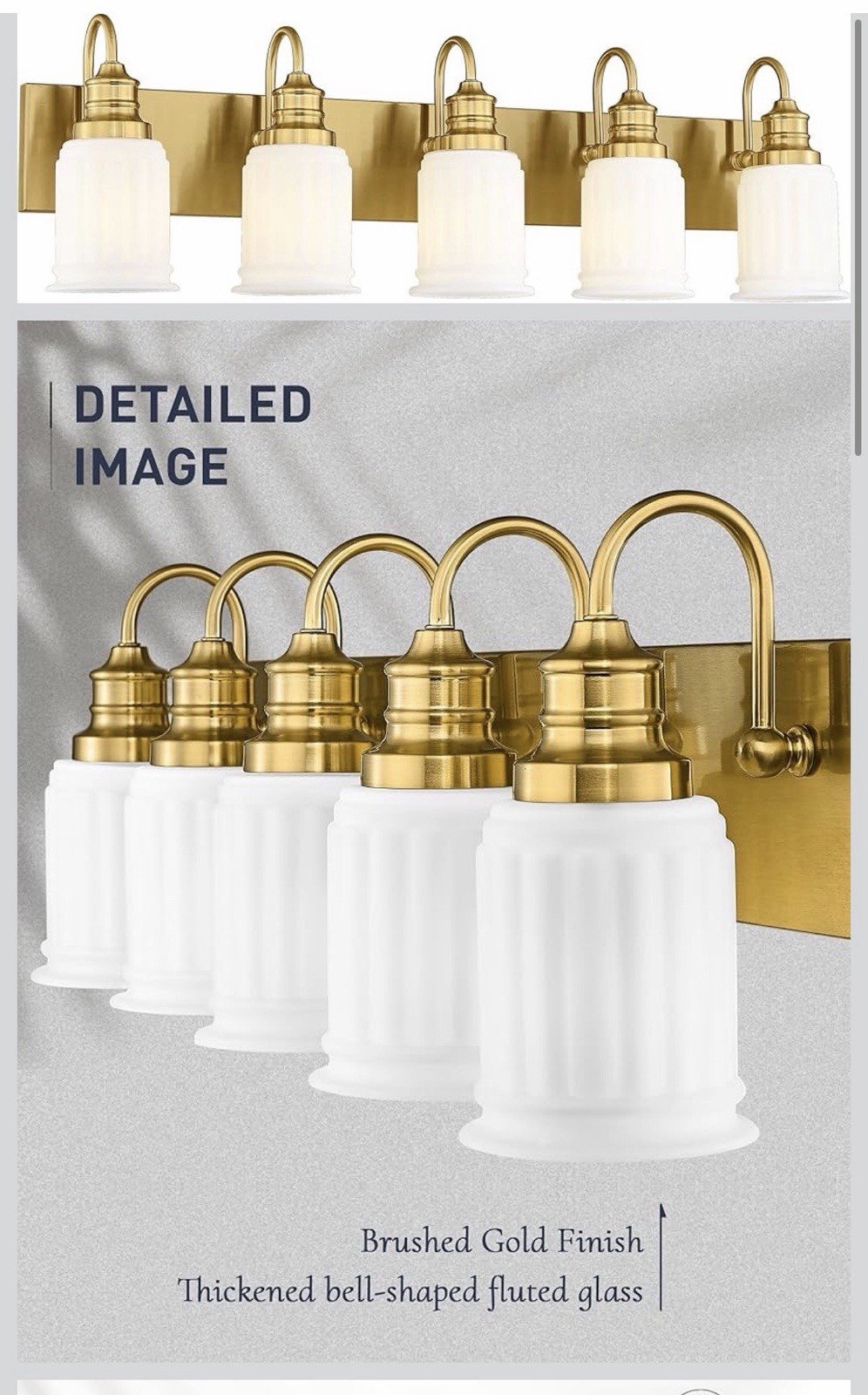 HWH Bathroom 5 Light Fixture Vanity Brushed Gold White Bell Shaped Glass 33” New