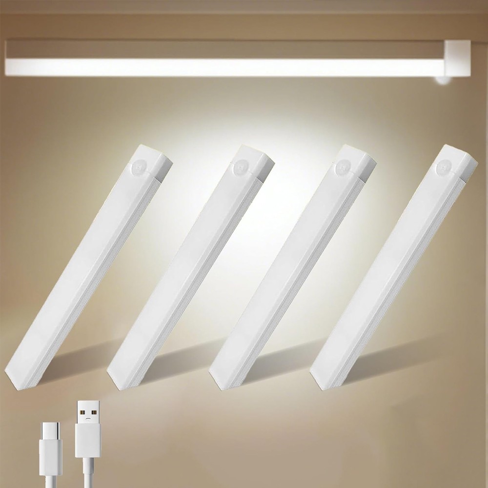 4 Pack LED Under Cabinet Lights, Rechargeable Motion Sensor, 3 Color Dimmable