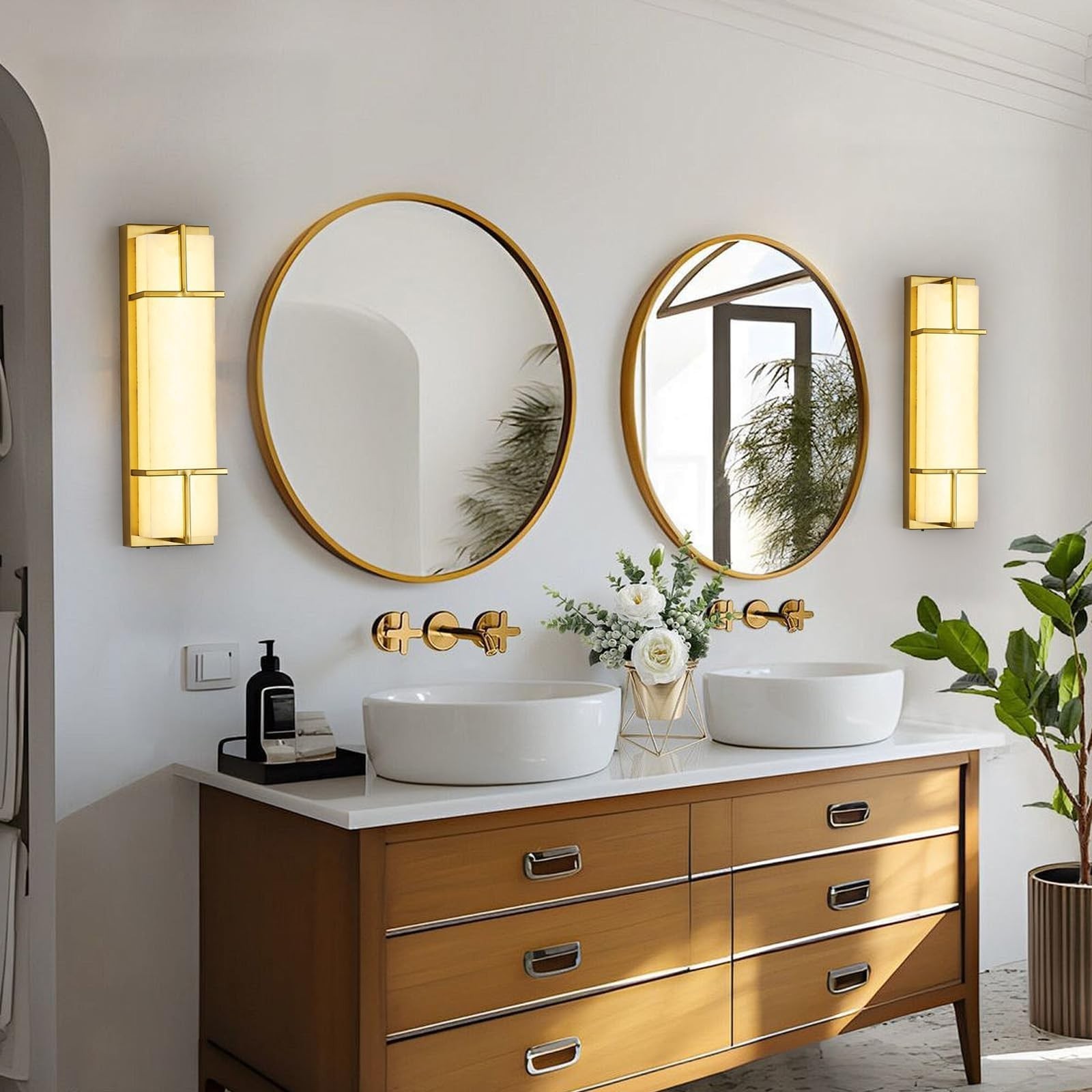 15.7″ Alabaster Wall Sconce, Dimmable 3 CCT, Square Marble Shade, Gold, Hardwire