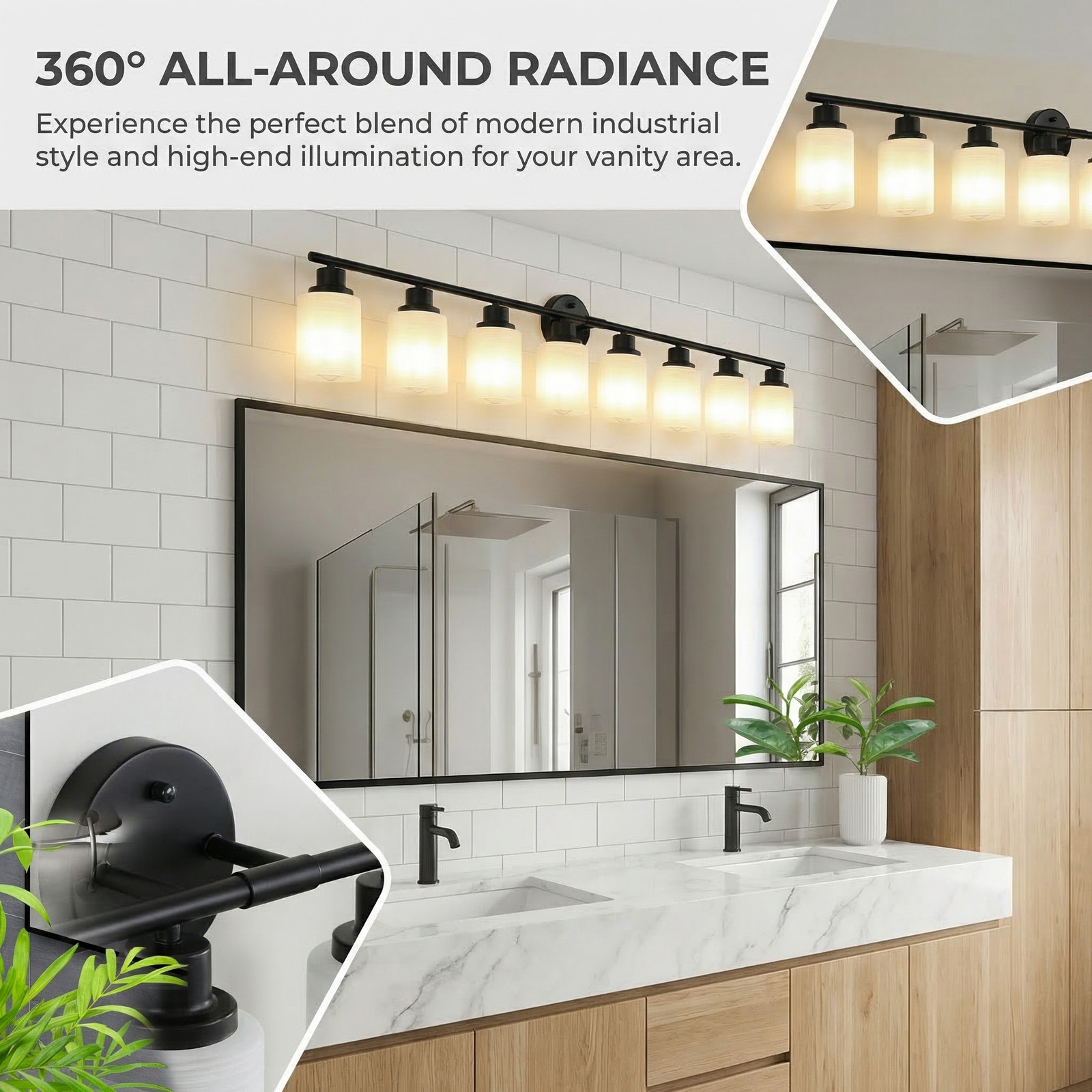 52 in Black Vanity Light with Glass Shade 8-Lights Wall Fixture Bathroom Mirror