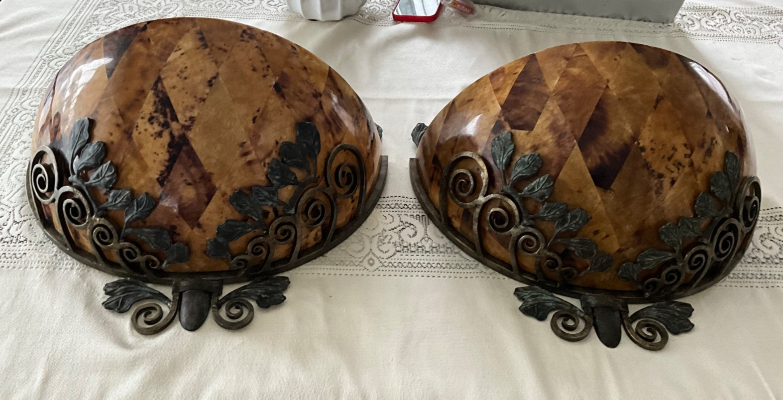 Maitland Smith XL Wall Sconces Pair/2/ Tortoiseshell Diamond Pattern Metal Frame