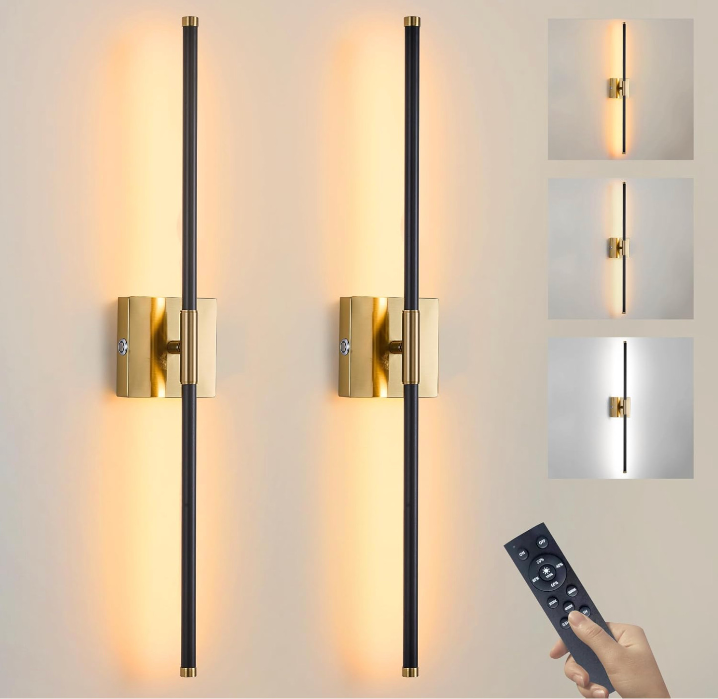 Rechargeable Wall Sconces Set Of 2 Remote Control Dimmer Black Brass 28 Long Bar