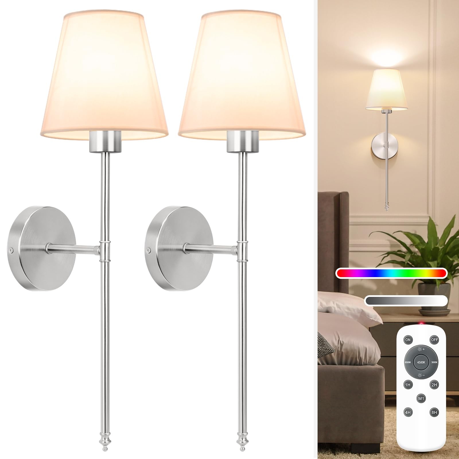 Battery Operated Wall Sconce Set of 2,Brushed Nickel Rechargeable Wall Lights…