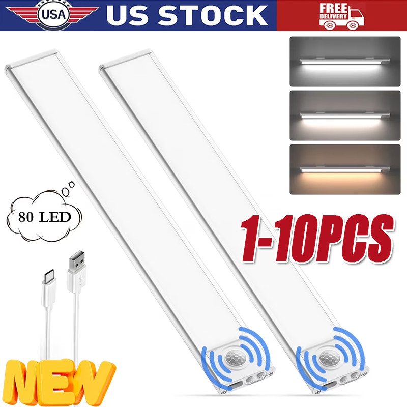 LED Motion Sensor Under Cabinet Closet Light USB Rechargeable Kitchen Lamp Strip