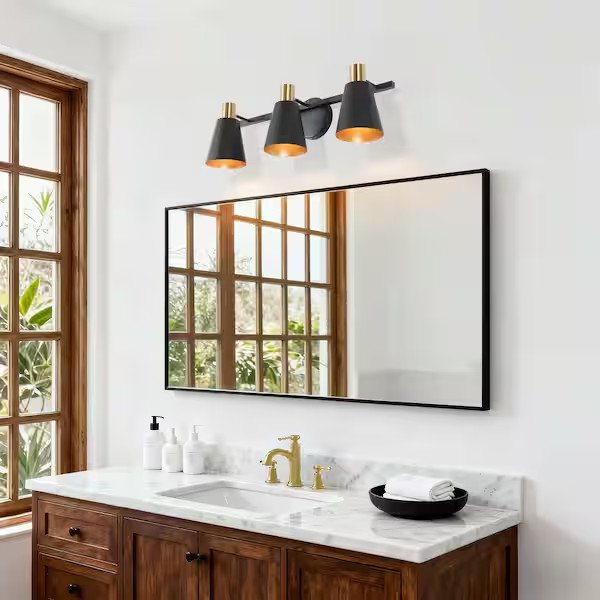 A04322 Black and Plated Gold 22 in. 3-Light Bell Powder Room Vanity Light