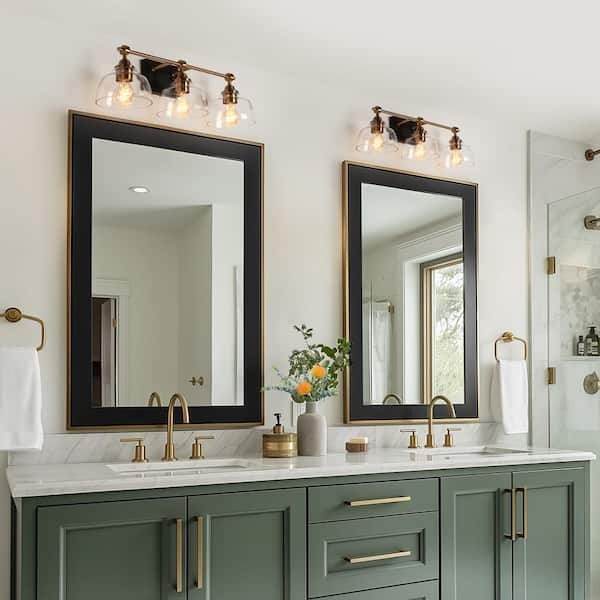 LNC 24.5in 3-Light Vanity Light Black Brass Bell Glass Bathroom Fixture