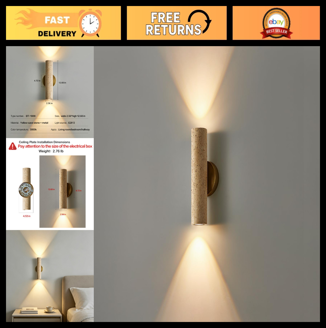 Natural Yellow Cave Stone Wall Sconce – 12.6″ Up/Down Indoor Light Fixture, Alab