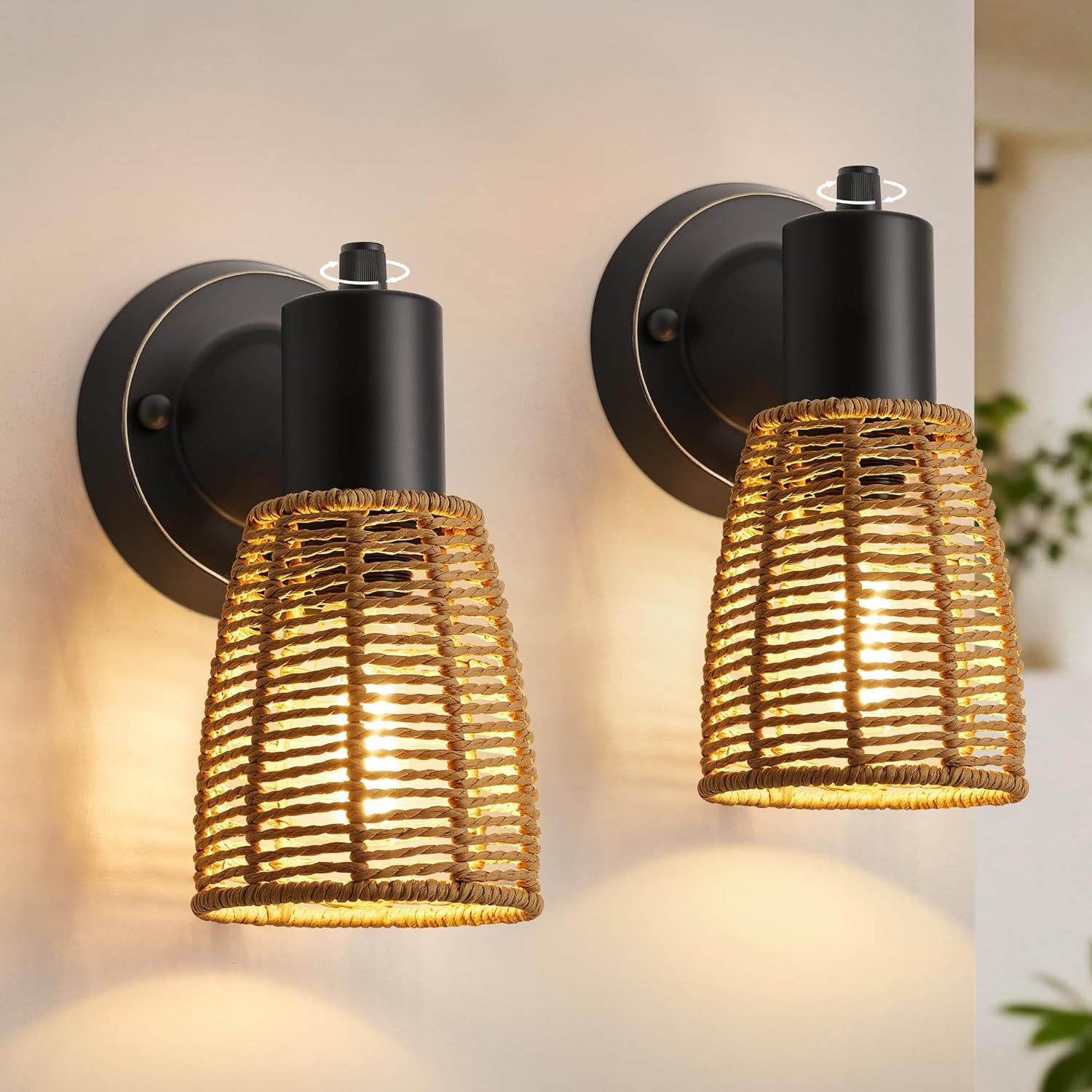 Set of 2 Boho Rattan Wall Sconces Black Vanity Light Fixture Rotary Switch