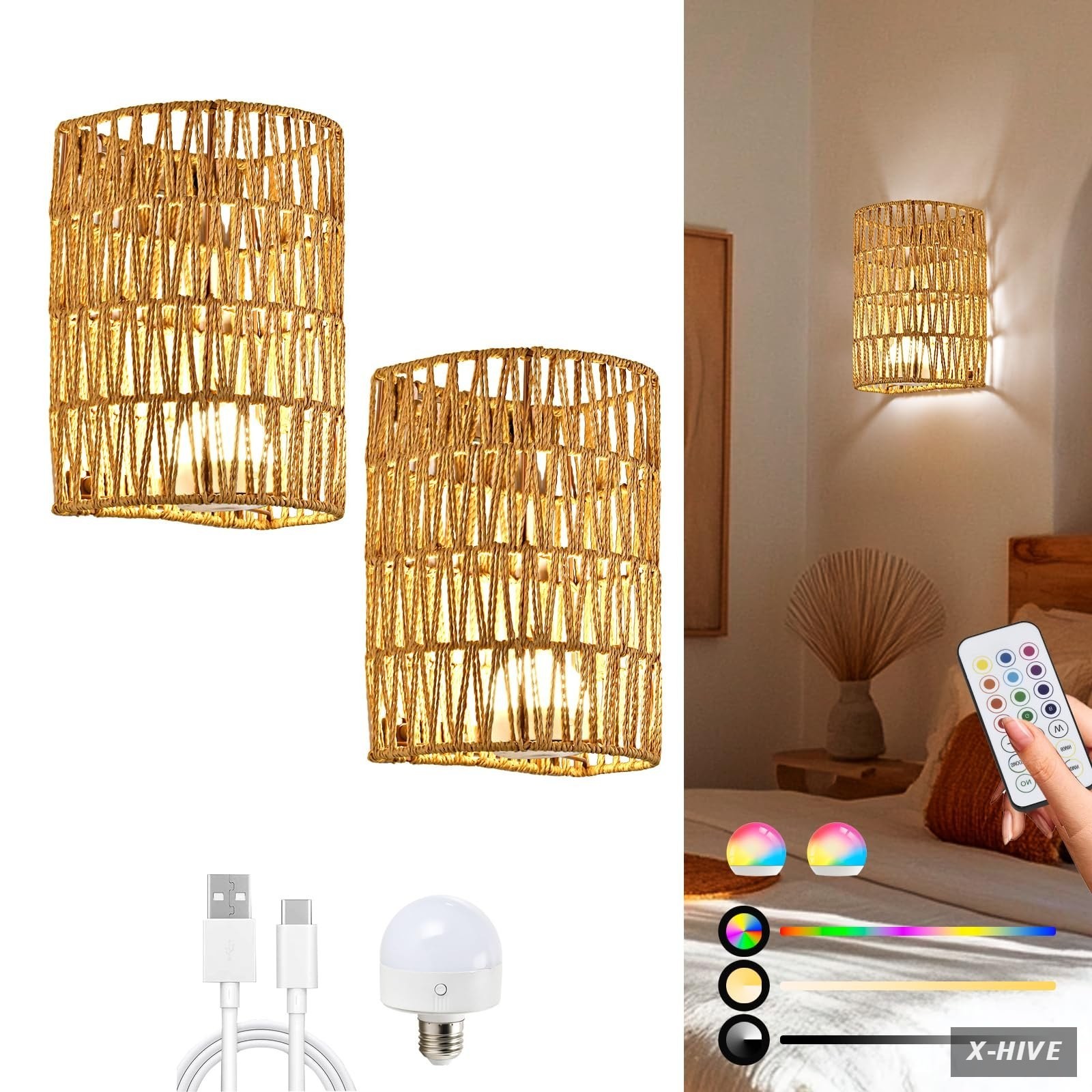 Battery Operated Rattan Wall Sconces Set of Two, Cordless RGB Handwoven Boho W