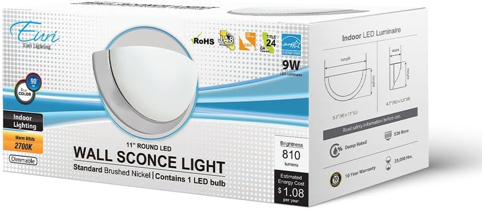 Dimmable LED Half Moon Sconce, 9W Warm White, Brushed Nickel, 10 Year Warranty