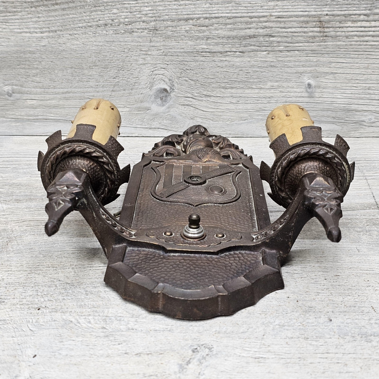 Vintage Markel Cast Iron Gothic Wall Sconce Double Candle Light Bronze P596