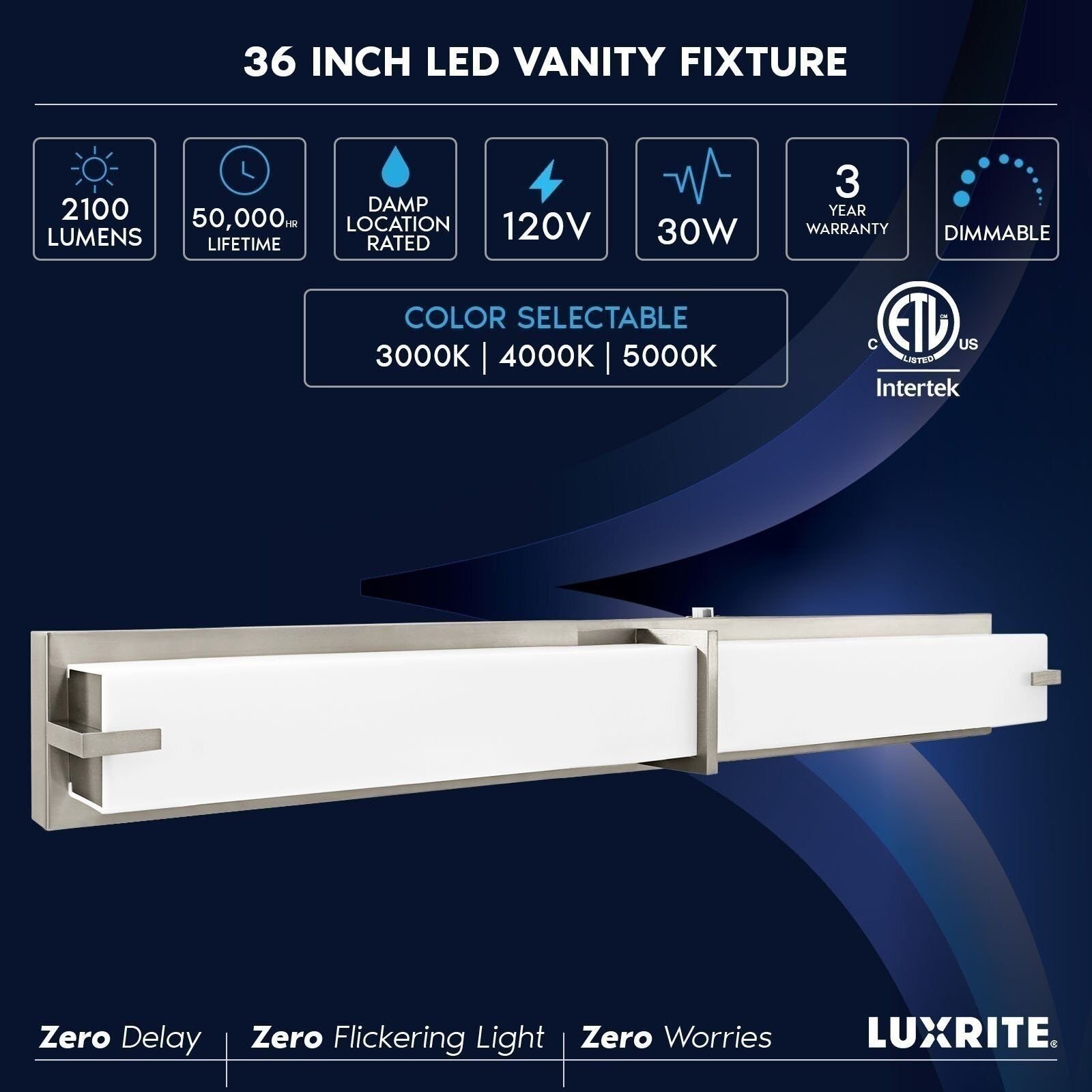 Luxrite 36″ LED Vanity Light Brushed Nickel Fixtures 3CCT 30W 2100LM Dimmable