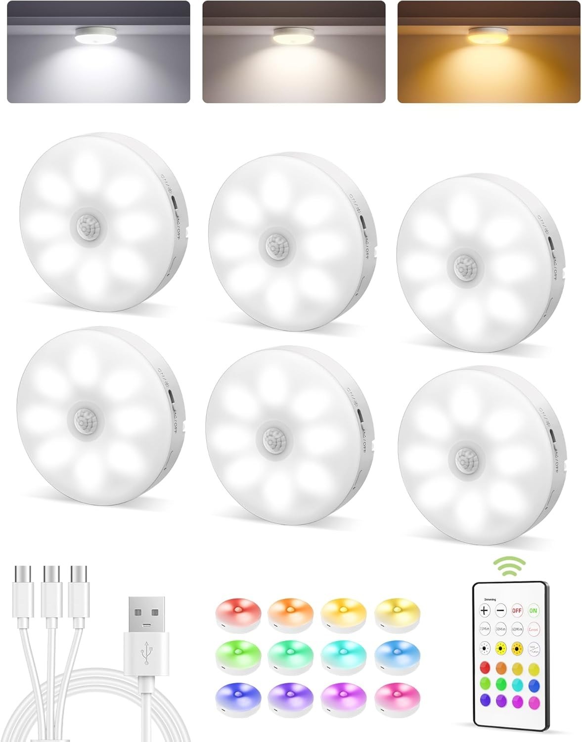 Dimmable Mini Puck Lights – 6-Pack Rechargeable & Magnetic with Remote Control