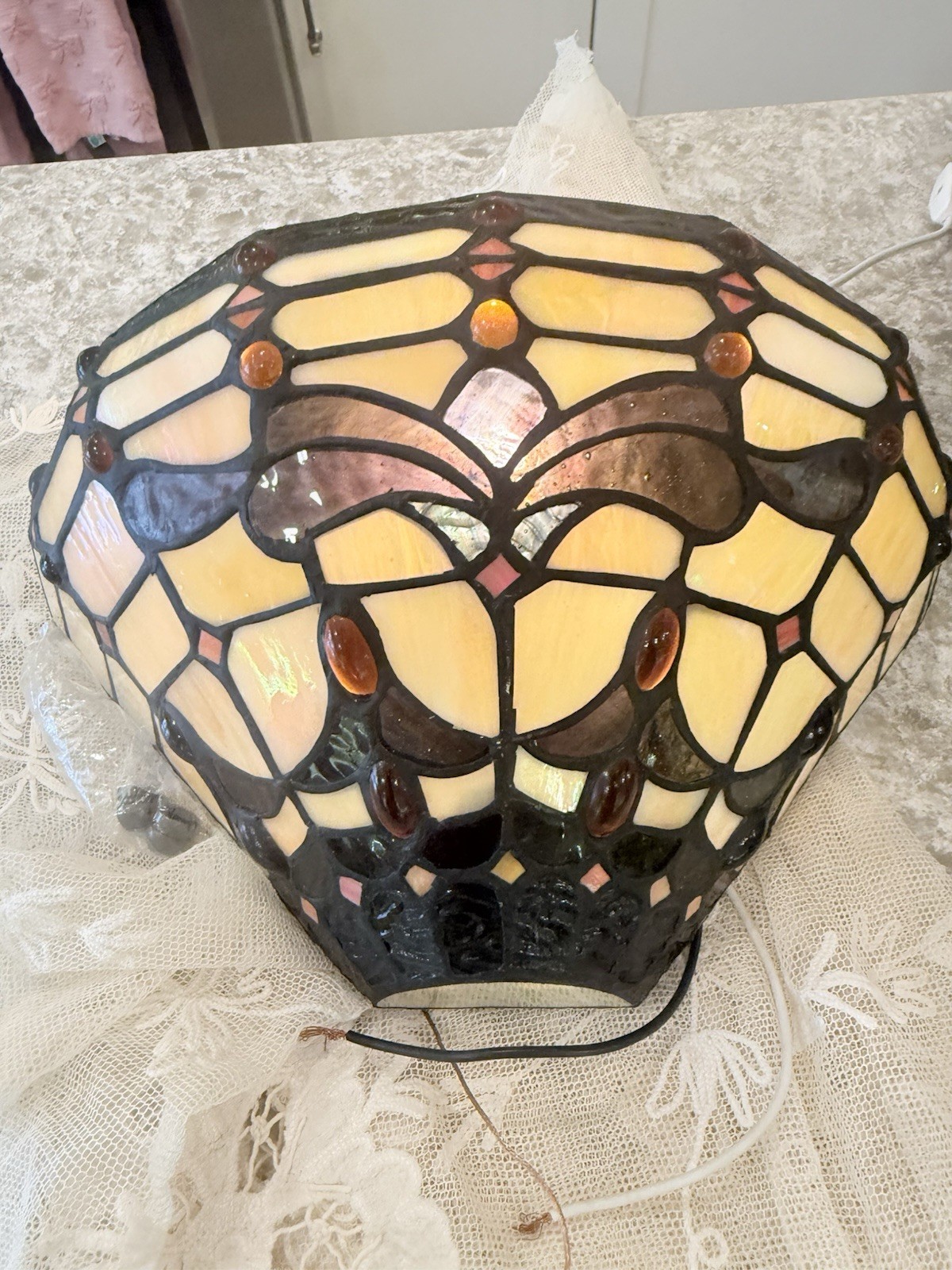 Pair Vtg Stained Glass Wall Sconce Light Lamp Fixture Tiffany Style Hard Wire