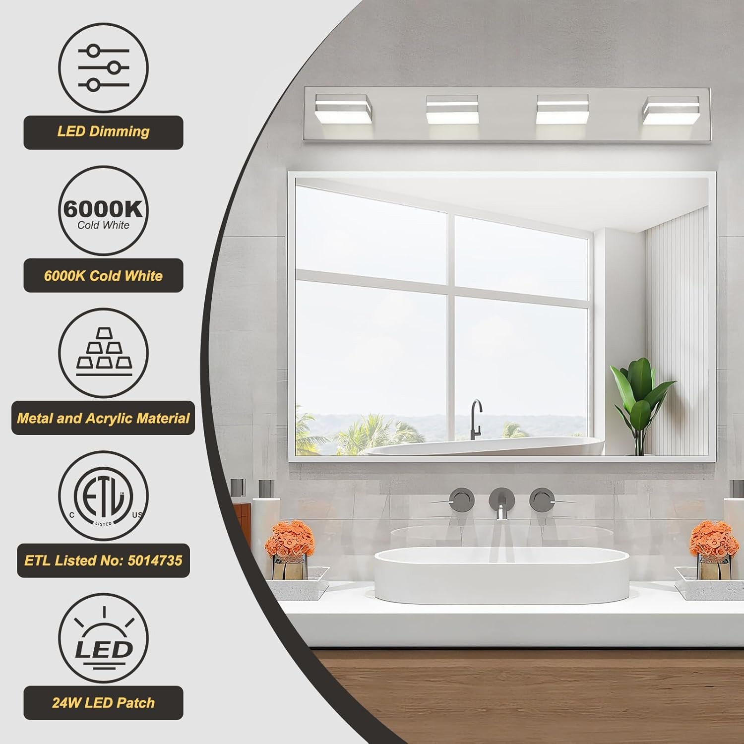 4 Light Bathroom Vanity Light Brushed Nickel Modern 32W LED Dimmable Vanity Ligh