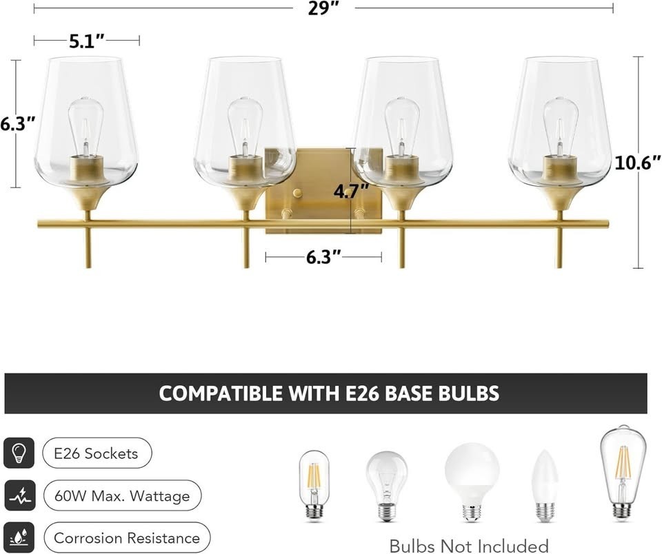 VONLUCE 30″ Bathroom Vanity 4-Light Linear Wall Fixture, Gold w/ Clear Shades
