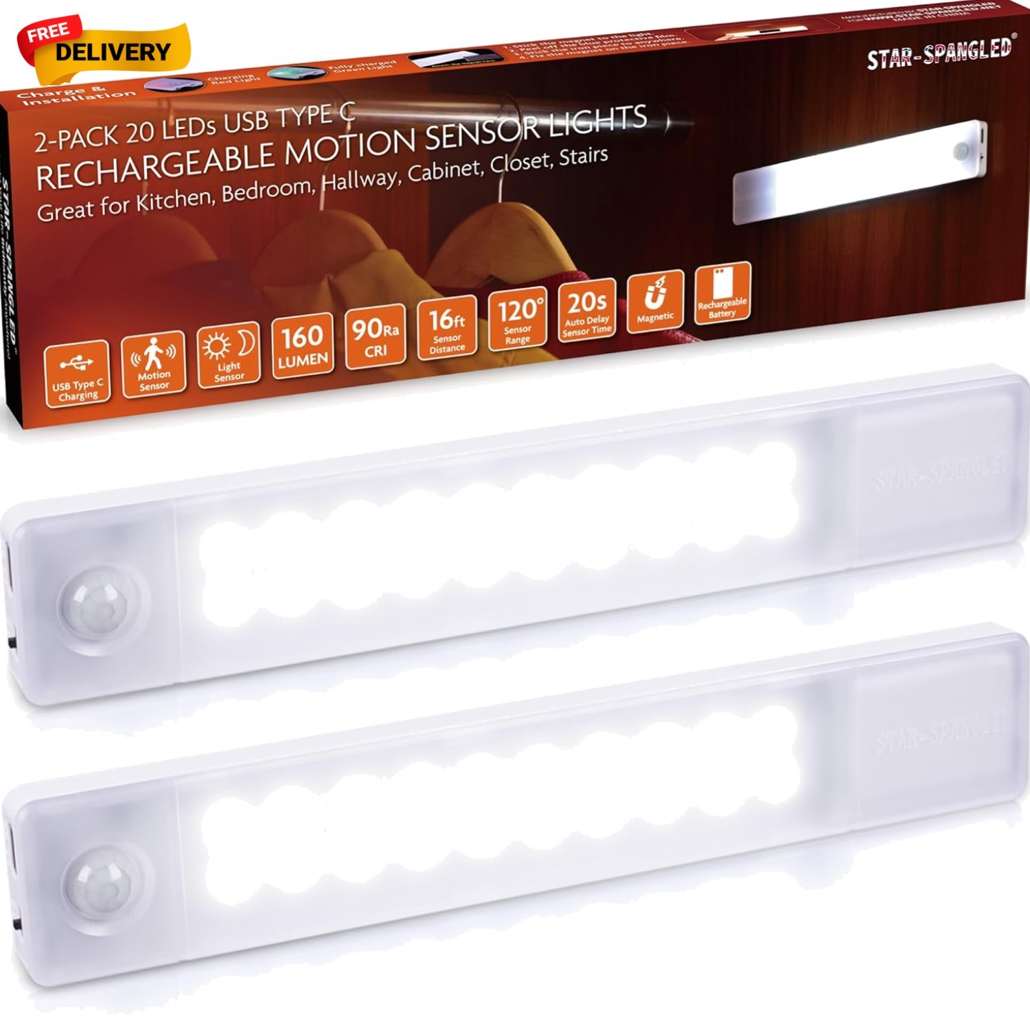 8-Inch Motion Sensor LED Closet Lights – Rechargeable & Battery Operated, 2 Pack