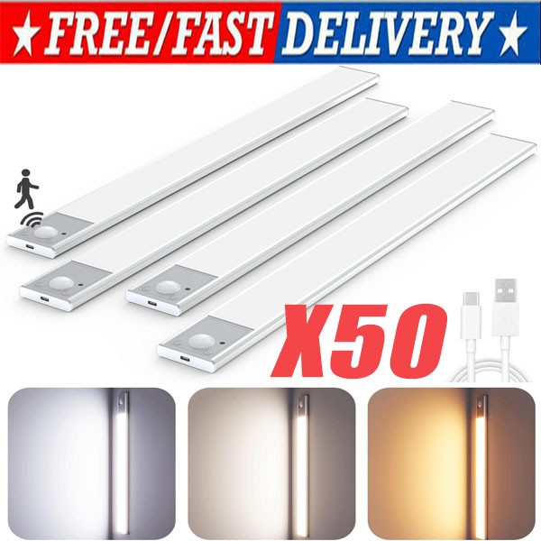 LED Motion Sensor Under Cabinet Closet Light USB Rechargeable Kitchen Lamp Strip
