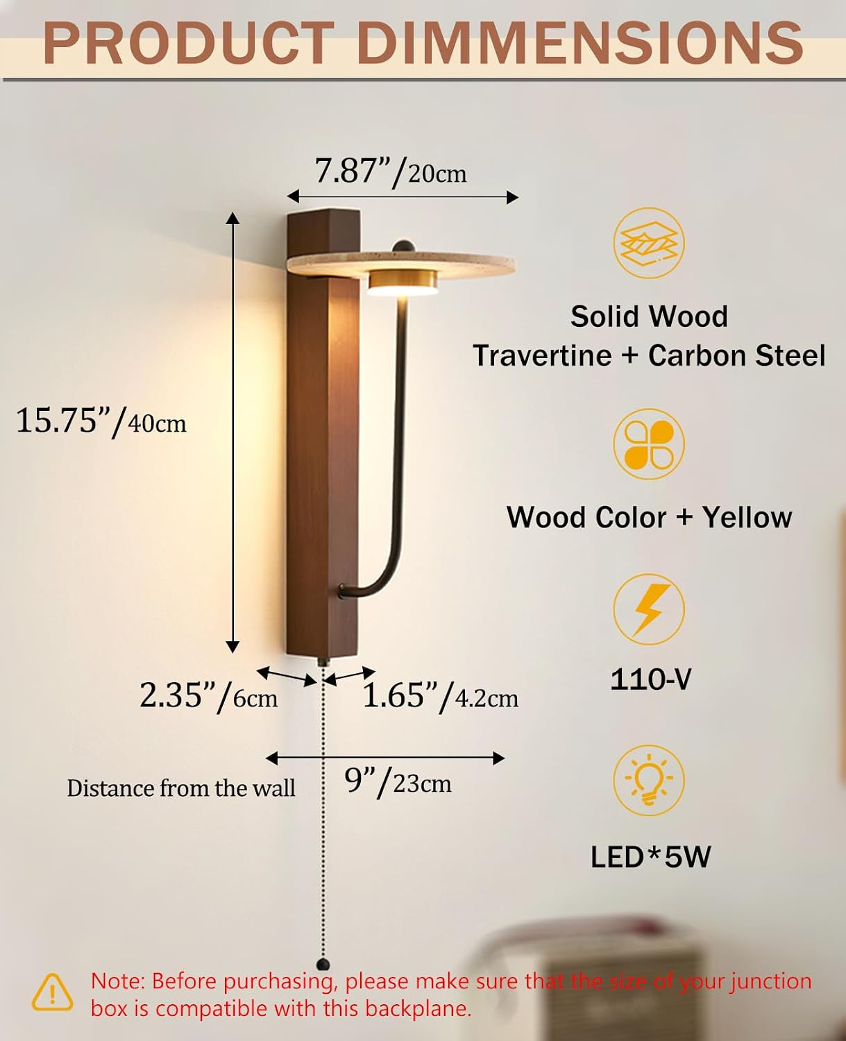 Yellow Travertine Wall Sconce, 15.7″ Japanese Vintage Wabi Sabi Light Fixture wi