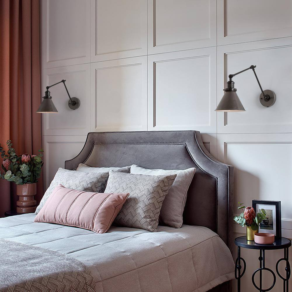 Brushed Gray Swing Arm, Modern 1-Light Black Bell Swing Arm Plug-In Wall Sconce