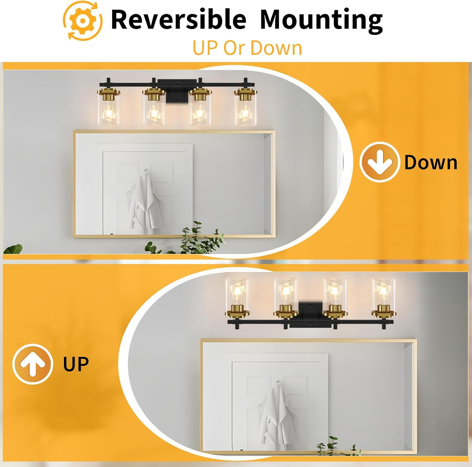 4-Lights Black and Gold Bathroom Vanity Light, Modern Bathroom Wall Sconces Ligh