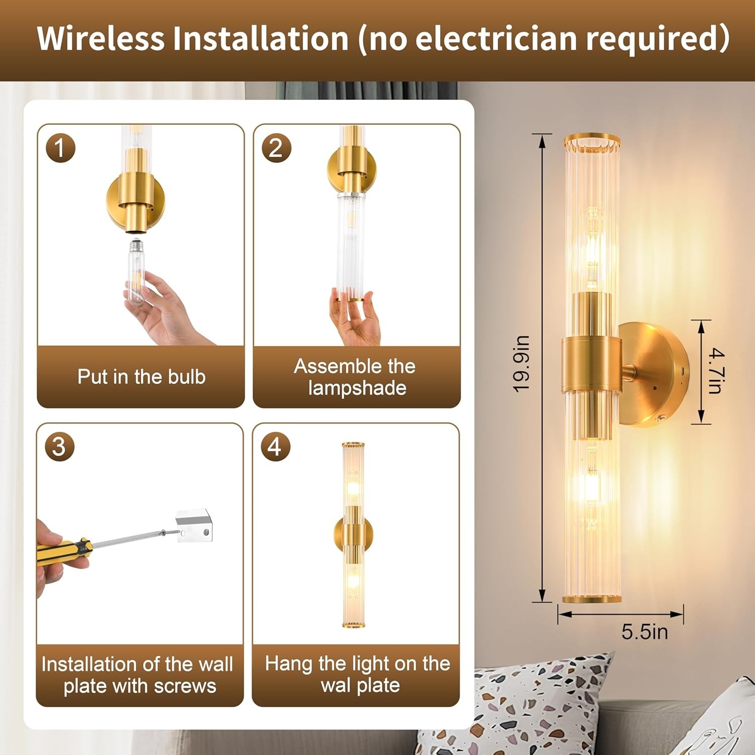 Gold Battery Operated Wall Sconces Set of Two, Rechargeable Wall Sconce with Dim