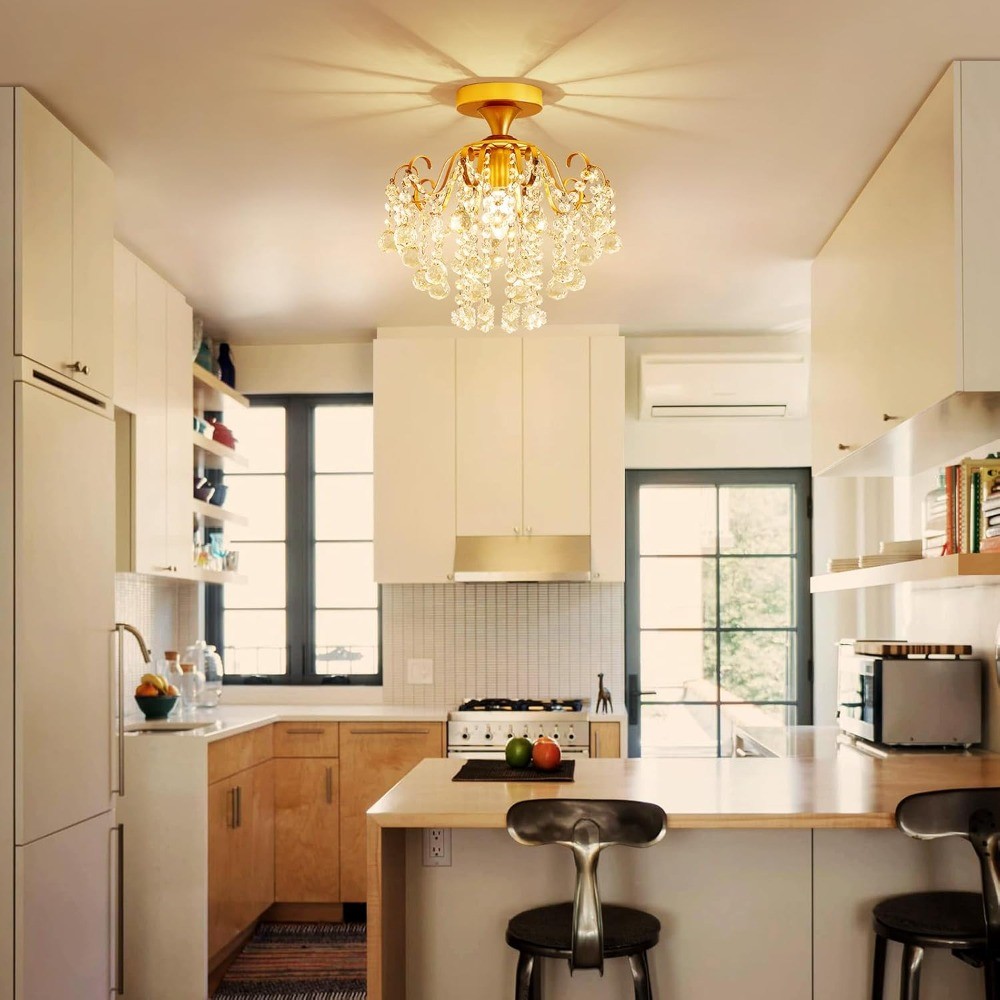 Gold Crystal Flush Mount Ceiling Light E26 Bedroom Bathroom Lamp