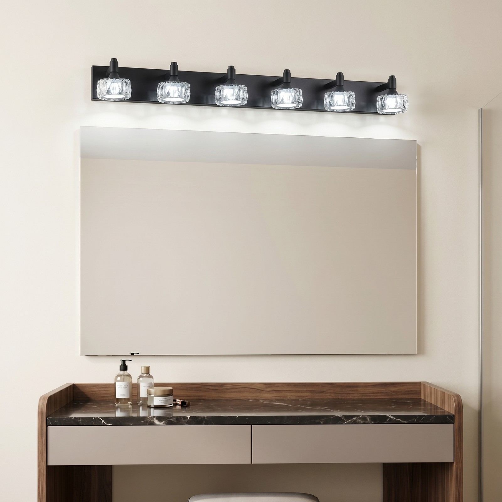 44» Crystal Shade Vanity Light 6 Lights LED Bathroom Mirror Wall Sconce Fixture