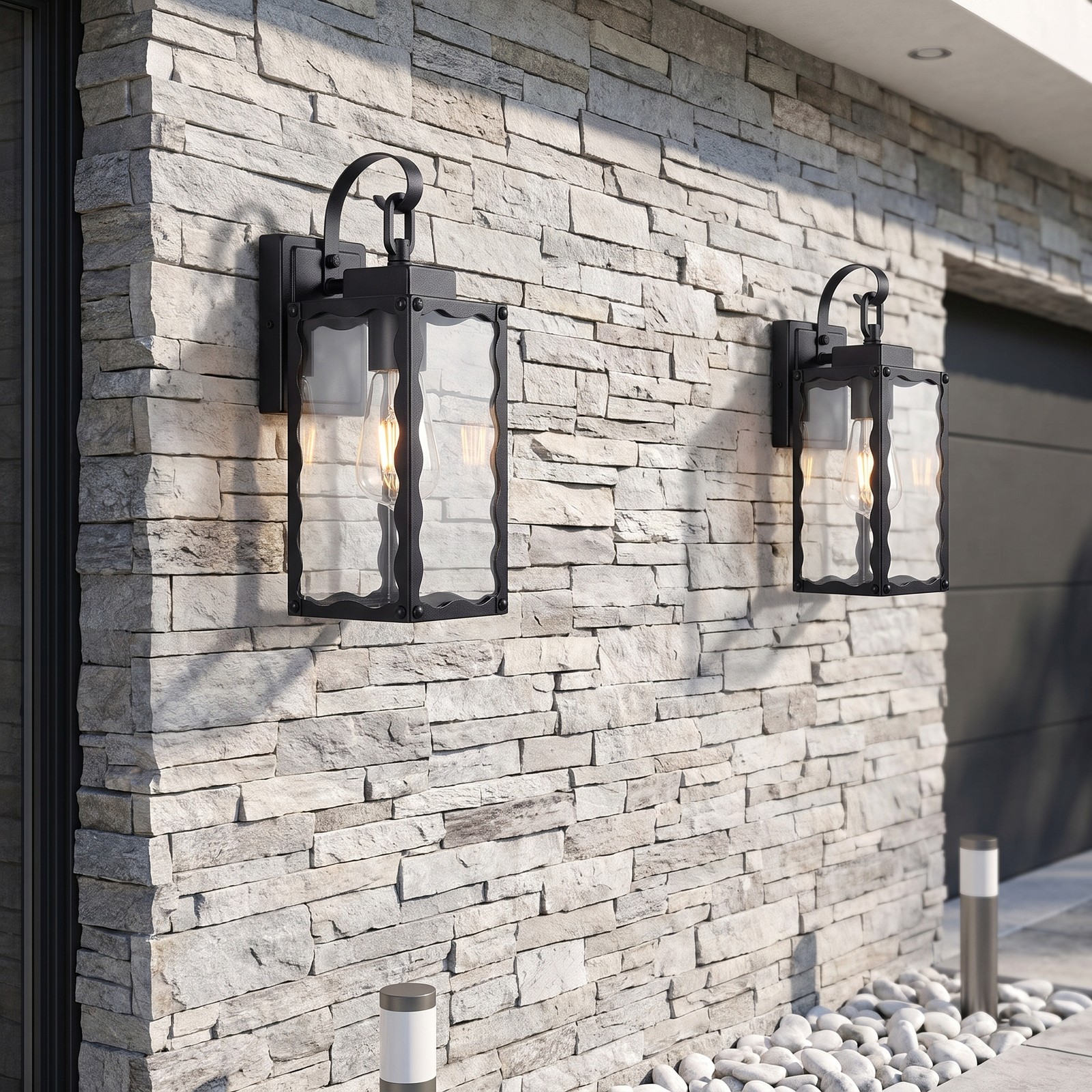 2 Pack 15″ Outdoor Wall Light Glass Porch Exterior Mount Sconce Black Fixture