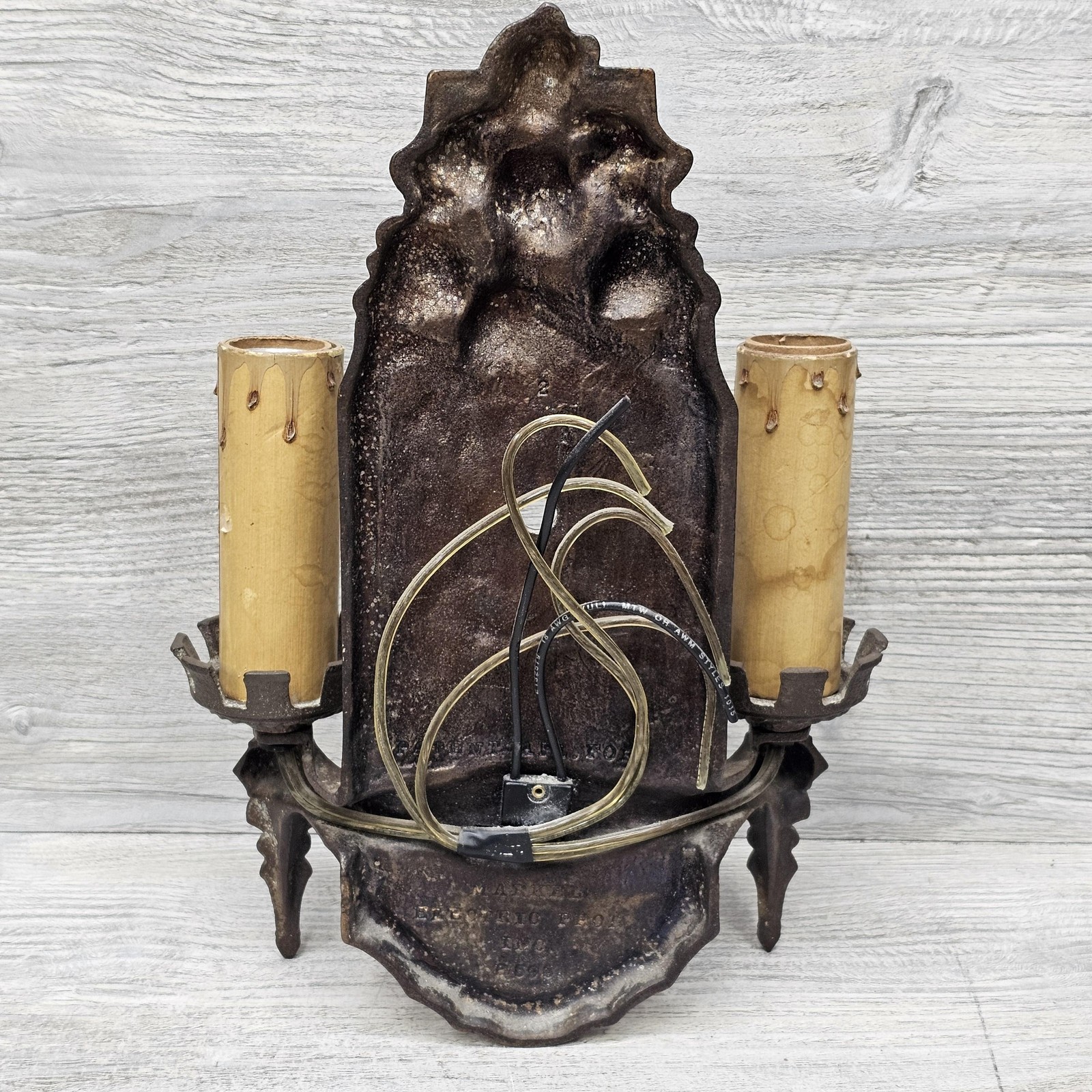 Vintage Markel Cast Iron Gothic Wall Sconce Double Candle Light Bronze P596