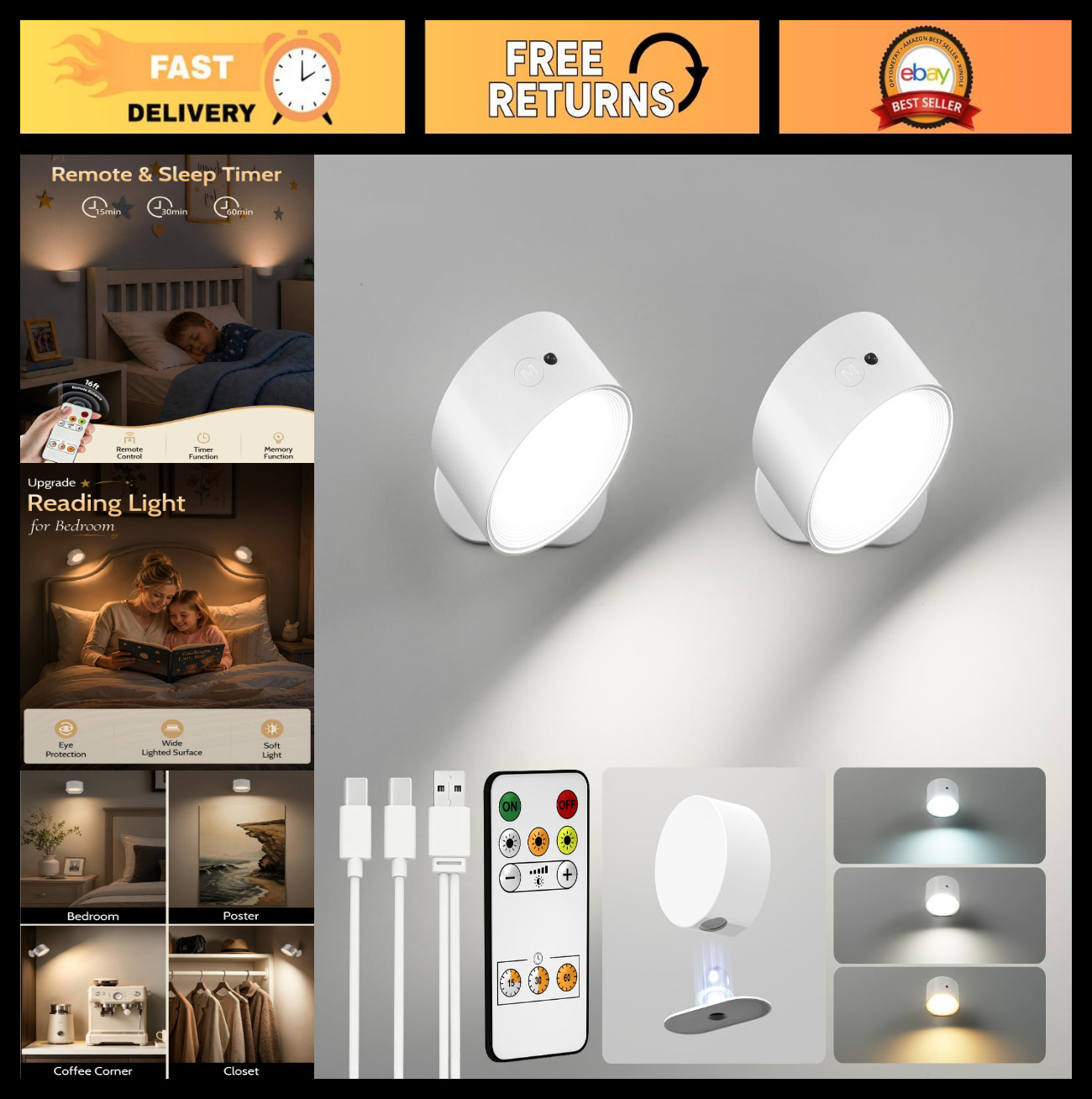 Rechargeable LED Wall Sconces – 3 Color Temps, Remote & Touch Control, 360° Dimm